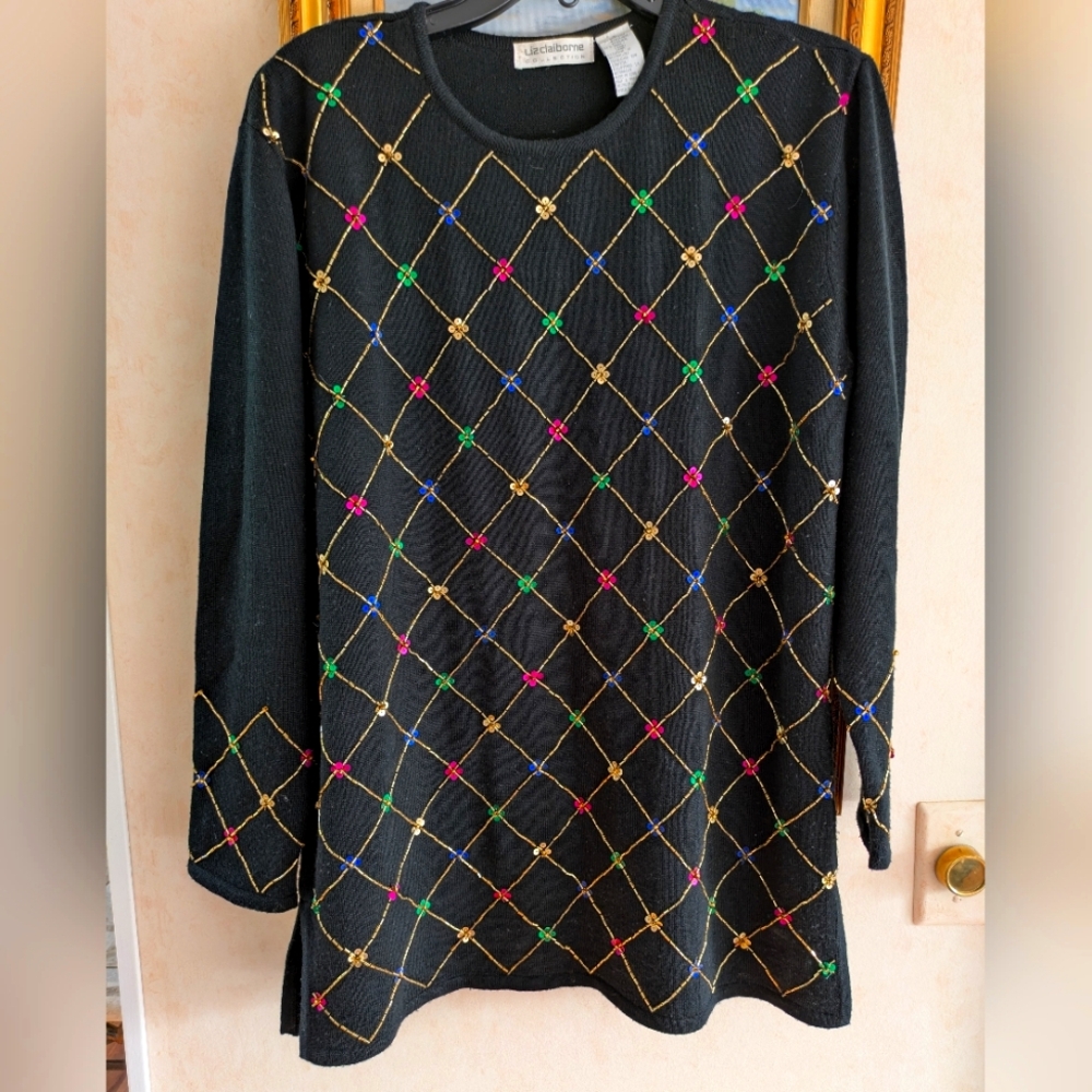 Liz Claiborne bedazzled sweater top, black, size Small